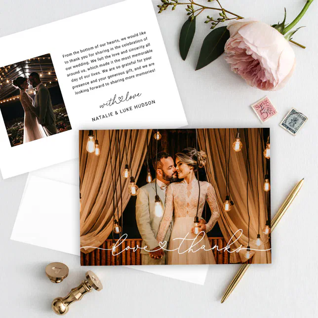 Love and Thanks Photo Wedding Script Thank You Card | Zazzle