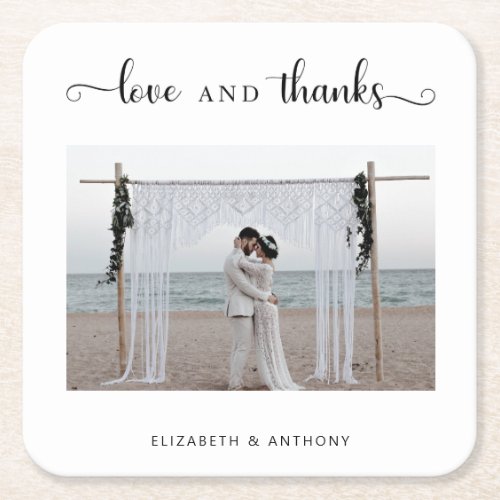 Love and Thanks Photo Wedding Simple Elegant Chic Square Paper Coaster