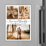 Love and Thanks Photo Wedding Thank You Magnet<br><div class="desc">Elegant, Modern Handwritten Script 3 Photo Wedding Thank You magnetic card. Stylish wedding thank you card template featuring (3) three photo. With the text "Love and thanks" in a swirly hand lettered calligrapgy script swash-tail font in black color on white background. Heart shape between the bride and groom's name. Easy...</div>
