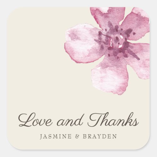 Love and Thanks Pink Cherry Blossom Wedding Favor Square Sticker