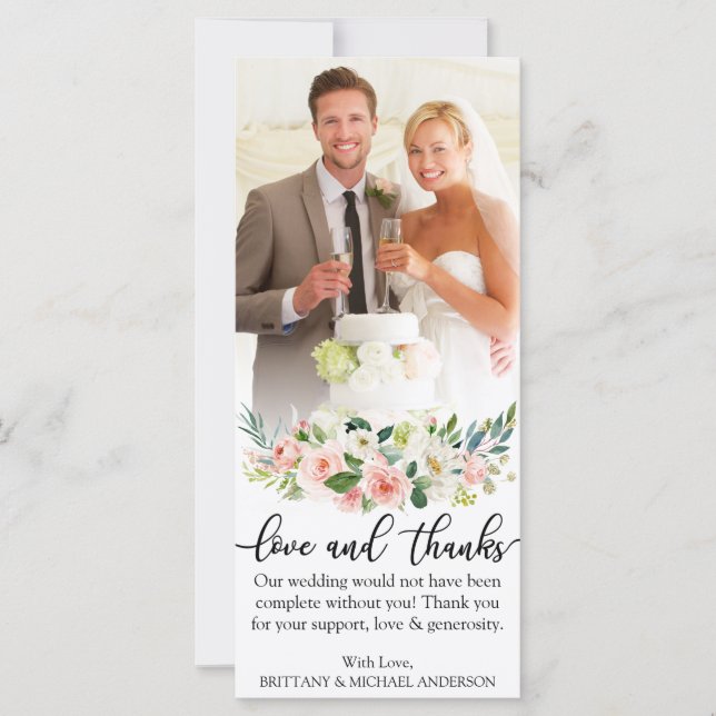 Love and Thanks Pink Floral Wedding Photo Card (Front)