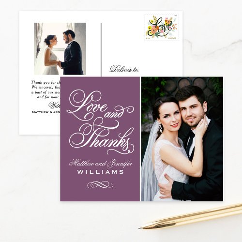 Love and Thanks Plum Wedding Photo Thank You Postcard