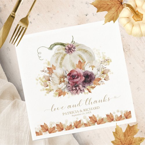 Love And Thanks Pumpkin Floral Wedding Napkins