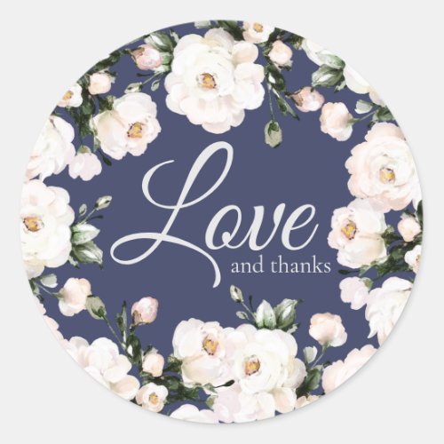 Love and Thanks Purple Elegant White Roses Wedding Classic Round Sticker