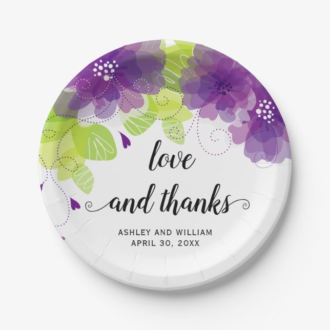 Love and thanks purple flowers, floral wedding paper plates (Front)