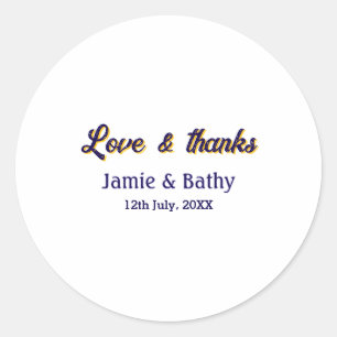 Love and thanks purple orange couple name date classic round sticker