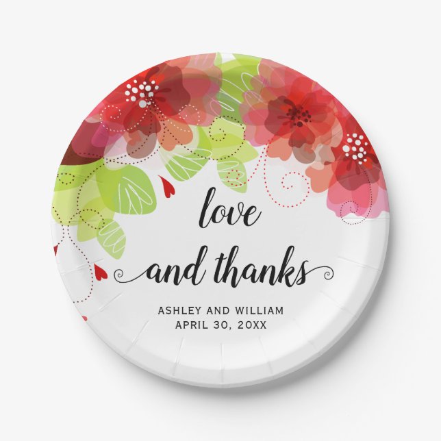 Love and thanks red flowers, floral wedding paper plates (Front)