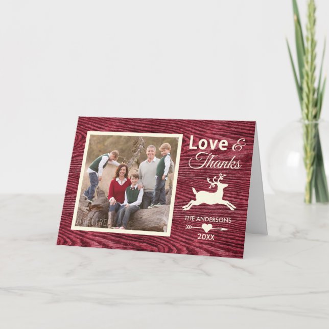 Love and Thanks Red Rustic Photo Holiday Thank You Card (Front)