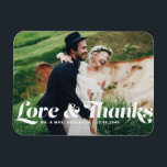 Love and Thanks Retro Script Photo Wedding Magnet<br><div class="desc">Celebrate your love and show gratitude with our customizable photo wedding thank you magnet! This unique keepsake is perfect for reminding your loved ones of your special day while expressing your heartfelt thanks in a memorable way. It features the phrase "Love & Thanks" in charming retro script. This photo wedding...</div>