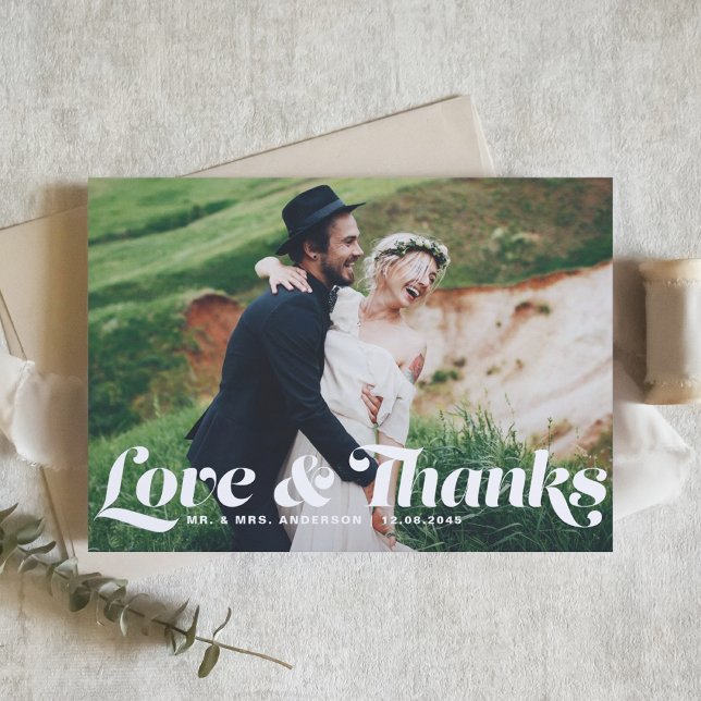 Love and Thanks Retro Script Photo Wedding Thank You Card (Creator Uploaded)