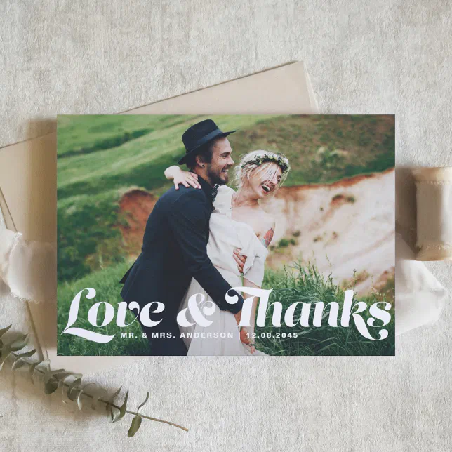 Love and Thanks Retro Script Photo Wedding Thank You Card | Zazzle