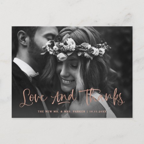 Love and Thanks Rose Gold Photo Wedding Thank You Postcard