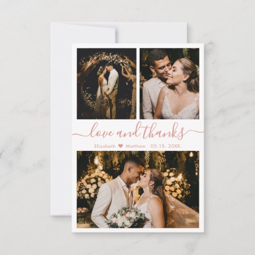 Love and Thanks Rose Gold Script Wedding Photo Thank You Card