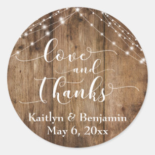 Love and Thanks, Rustic Brown Wood & Lights Classic Round Sticker