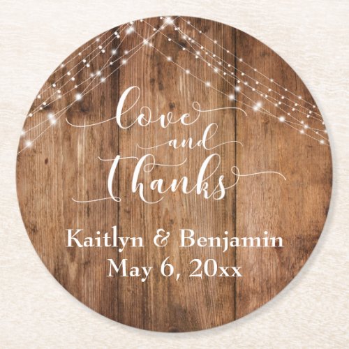 Love and Thanks Rustic Brown Wood  Lights Round Paper Coaster