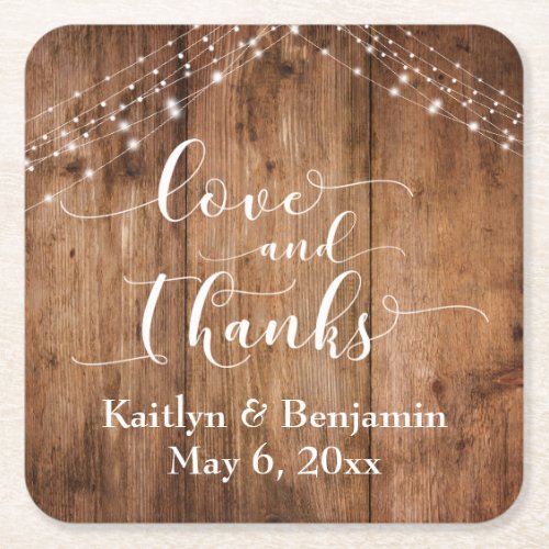 Love and Thanks Rustic Brown Wood  Lights Square Paper Coaster