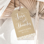 Love and Thanks Rustic Kraft and Lace Wedding Gift Tags<br><div class="desc">Wedding favor tags feature "Love and Thanks" in white script,  a wedding monogram of the bride and groom names and wedding date,  a charming illustrated border design of floral lace,  and a background with a rustic kraft brown paper textured appearance.</div>
