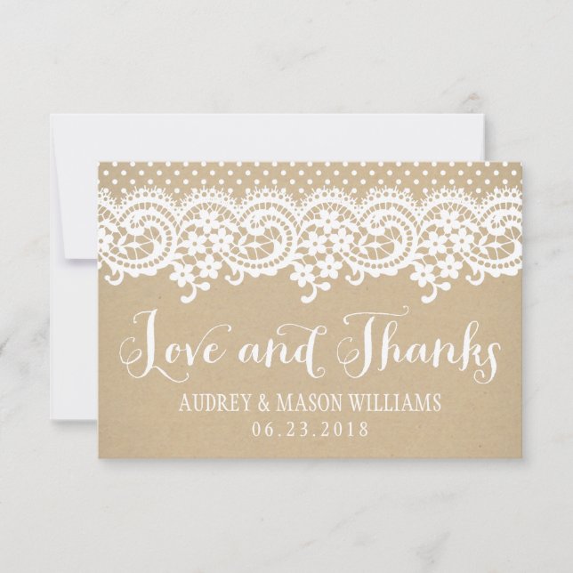 Love and Thanks Rustic Kraft and Lace Wedding Thank You Card (Front)