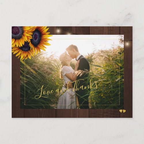 Love and thanks rustic sunflower wedding thank you postcard
