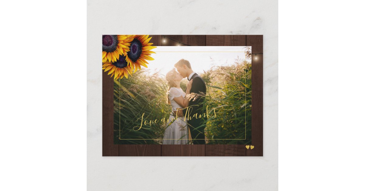 Love and thanks rustic sunflower wedding thank you postcard | Zazzle