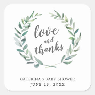 Love and Thanks Rustic Wreath Baby Shower Favor Square Sticker