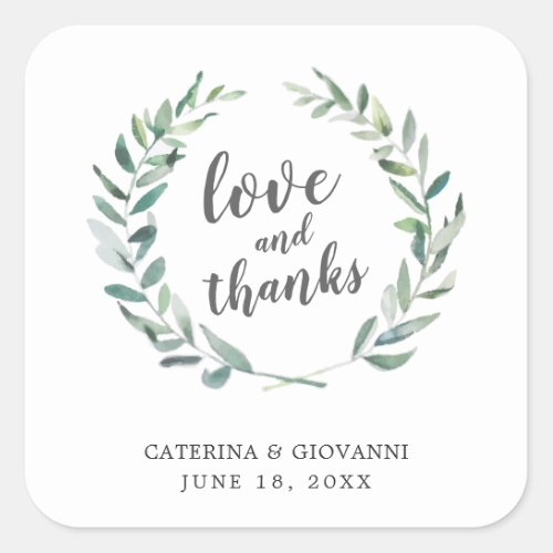 Love and Thanks Rustic Wreath Wedding Favor Square Sticker