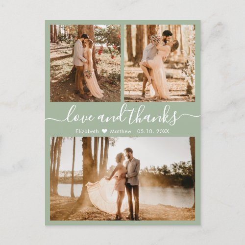 Love and Thanks Sage Green Wedding Thank You Postcard