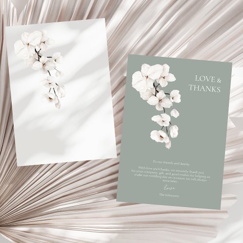 Love and Thanks Sage Green White Orchids Wedding Thank You Card
