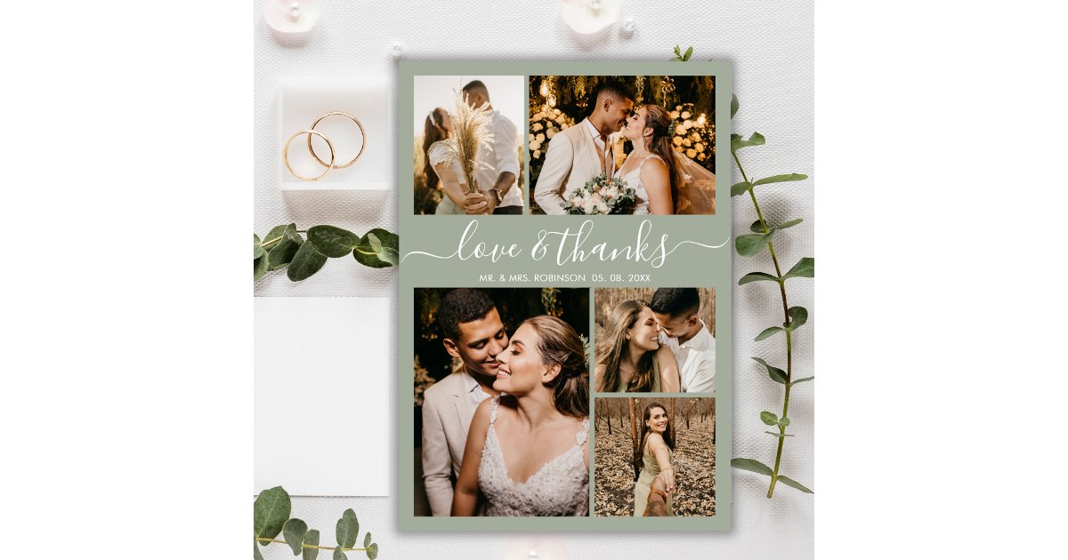 Love and Thanks Sage Photo Collage Wedding Thank You Card | Zazzle