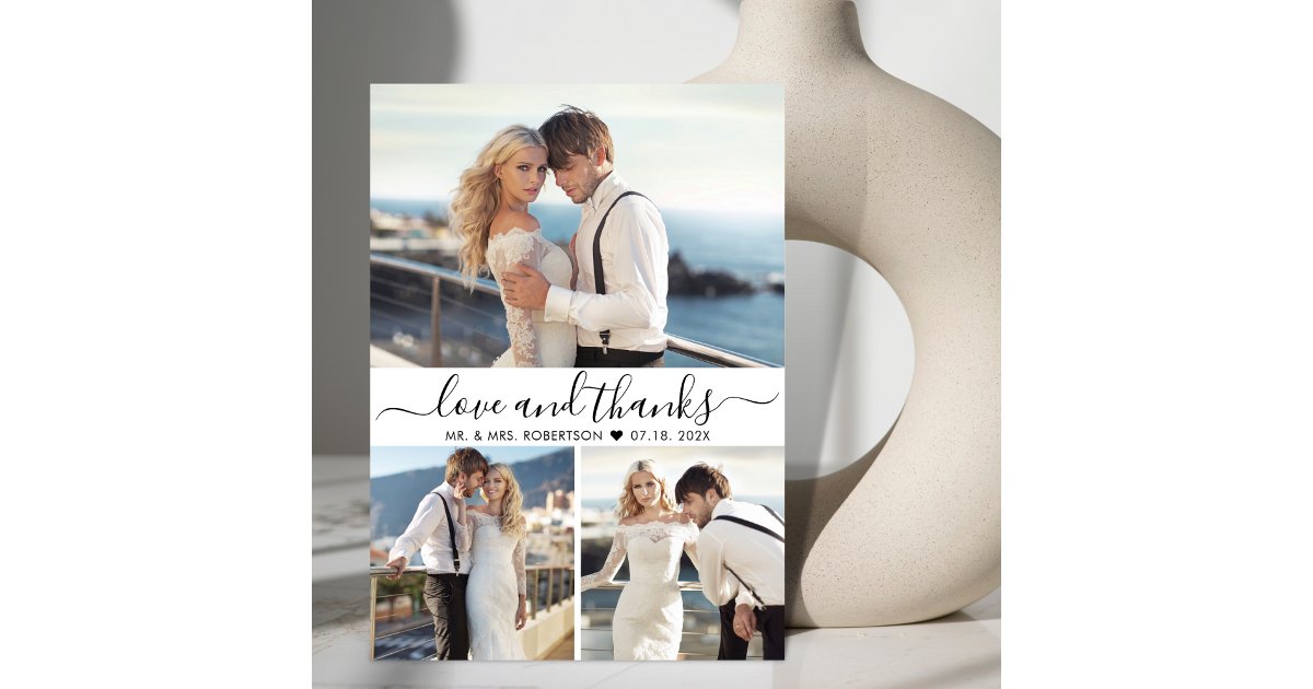 Love and Thanks Script 3 Photo Collage Wedding Thank You Card | Zazzle