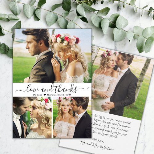 Love and Thanks Script 3 Photo Collage Wedding  Thank You Card