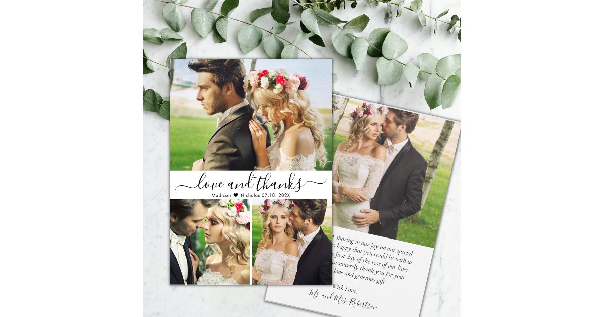 Love and Thanks Script 3 Photo Collage Wedding Thank You Card | Zazzle