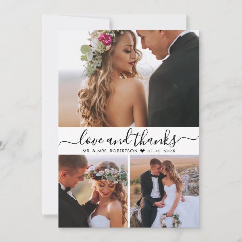Love and Thanks Script 3 Photo Collage Wedding  Thank You Card