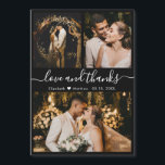 Love and Thanks Script 3 Photo Wedding Thank You<br><div class="desc">Elegant, Minimalist Black and White Hand Lettered Wedding Photo Thank You magnets. Stylish wedding thank you card template featuring three photo. With the text "Love and thanks" in a swirly hand lettered typography script font in white color on black background. Heart shape between the names. Easy to personalize the custom...</div>