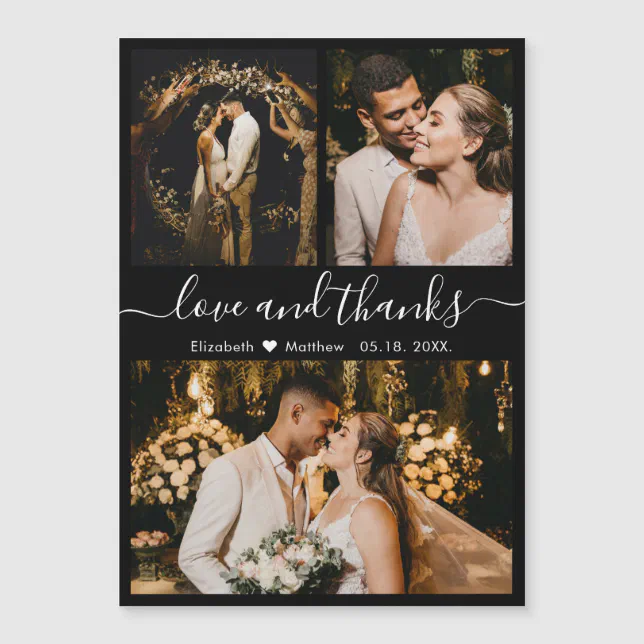 Love and Thanks Script 3 Photo Wedding Thank You | Zazzle