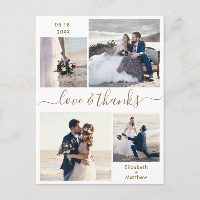 Love and Thanks Script 4 Photo Wedding Thank You  Postcard (Front)