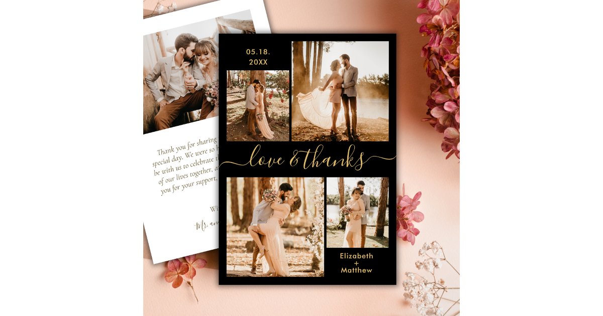 Love and Thanks Script Black Gold Collage Wedding Thank You Card | Zazzle