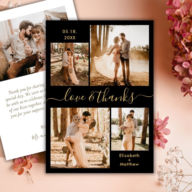 Love and Thanks Script Black Gold Collage Wedding Thank You Card (Creator Uploaded)
