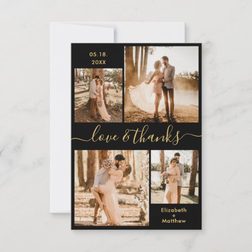 Love and Thanks Script Black Gold Collage Wedding Thank You Card