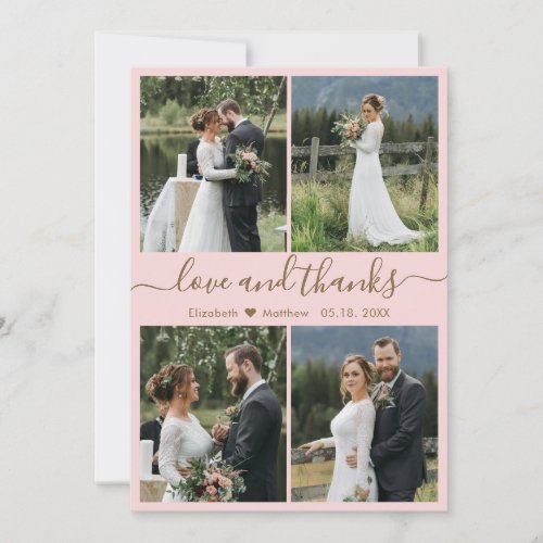 Love and Thanks Script Blush Gold Collage Wedding Thank You Card