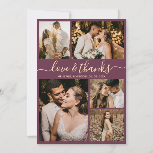 Love and Thanks Script Bordo Photo Collage Wedding Thank You Card