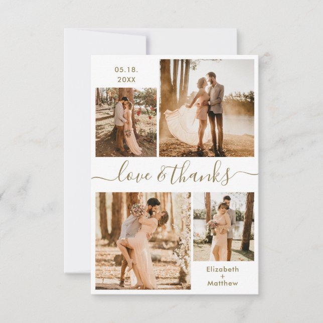 Love and Thanks Script Gold White Collage Wedding Thank You Card (Front)