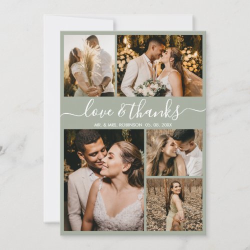 Love and Thanks Script Green Photo Collage Wedding Thank You Card