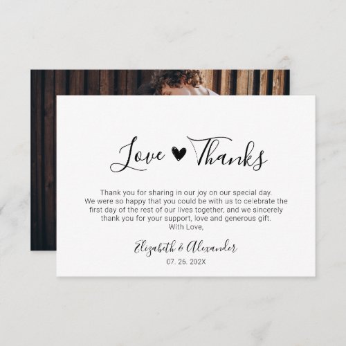 Love and Thanks Script Heart Wedding Photo  Thank You Card