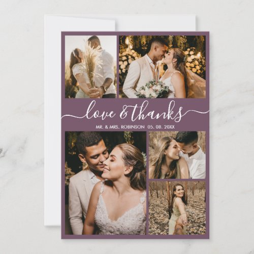 Love and Thanks Script Mauve Photo Collage Wedding Thank You Card