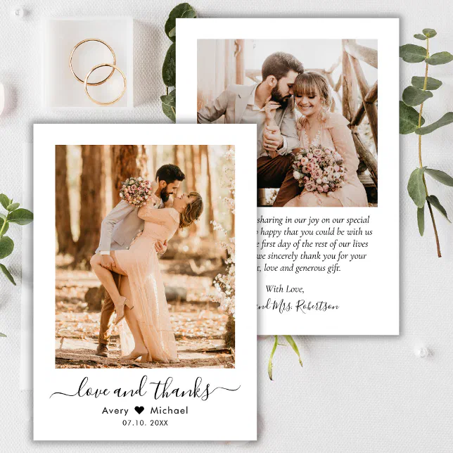 Love and Thanks Script Modern Photo Wedding Thank You Card | Zazzle