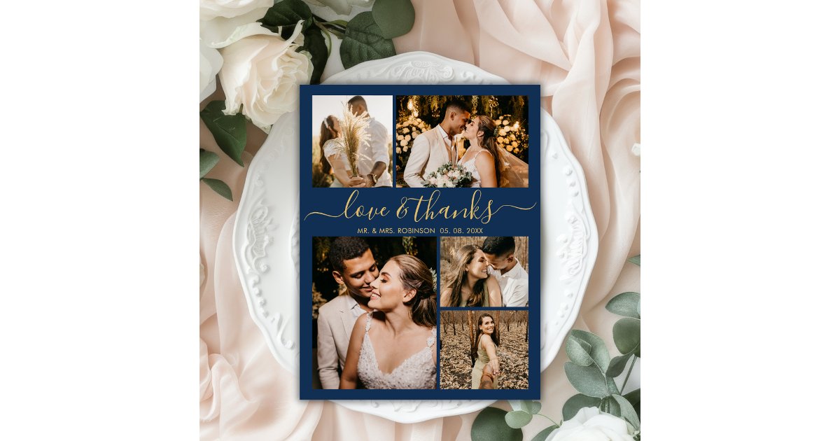 Love and Thanks Script Navy Photo Collage Wedding Thank You Card | Zazzle