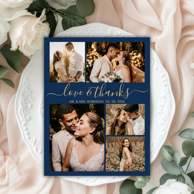 Love and Thanks Script Navy Photo Collage Wedding Thank You Card (Creator Uploaded)