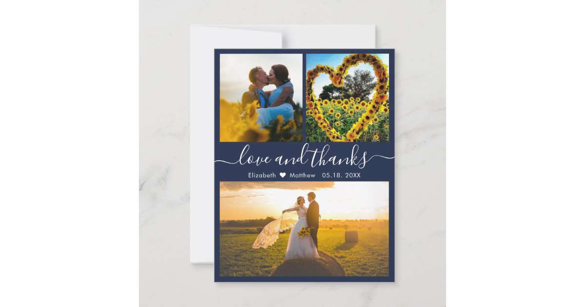 Love and Thanks Script Navy Wedding Photo Thank Yo You Card | Zazzle