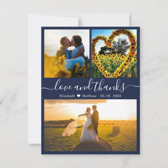 Love and Thanks Script Navy Wedding Photo Thank You Card (Front)